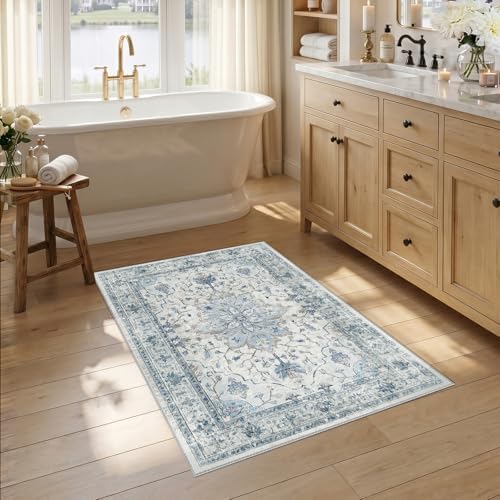 RELEANY Washable Area Rug, Small 2'6"x4', Blue/White/Gray by RELEANY