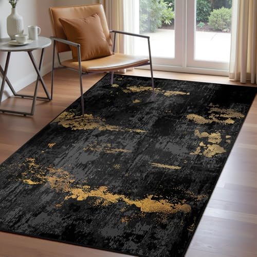 RELEANY Washable 3'x5' Abstract Area Rug for Living Room Black Gold by RELEANY