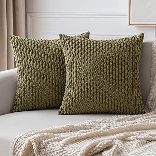 MIULEE Decorative Throw Pillow Covers 20x20 Olive Green Textured Corduroy by MIULEE