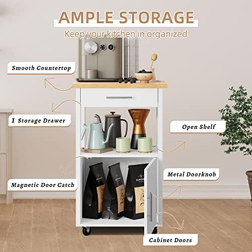 Shintenchi Kitchen Island Cart with Storage,Rolling Side Table on Wheels with Worktop,Single Door Cabinet and Drawer for Dinning Room, White - Image 2