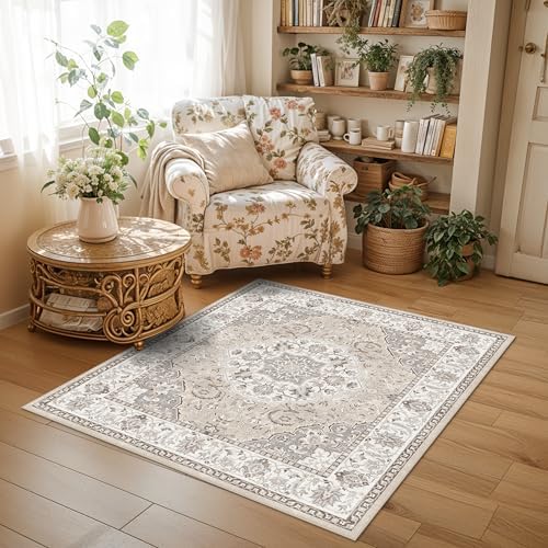 Washable 5x5 Square Area Rugs: Indoor Non-Slip Entryway Kitchen Rugs Oriental Stain-Resistant Bathroom Laundry Floor Mat Water Resistant Light Weight Carpet for Living Room Bedroom Nursery(5x5,Beige) - Image 3