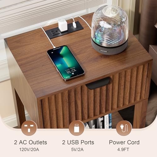 Nasonet Night Stand Set 2, Fluted Nightstand with Charging Station, Wood Bedside Table with Drawer & Storage Shelf, Modern End Tables for Bedroom Sofa Couch Office, Walnut - Image 3