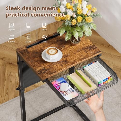 Simple Trending Side Table, C Shaped End Table with Charging Station, Couch Table with Storage Bag, Adjustable Height, Rustic Brown - Image 5
