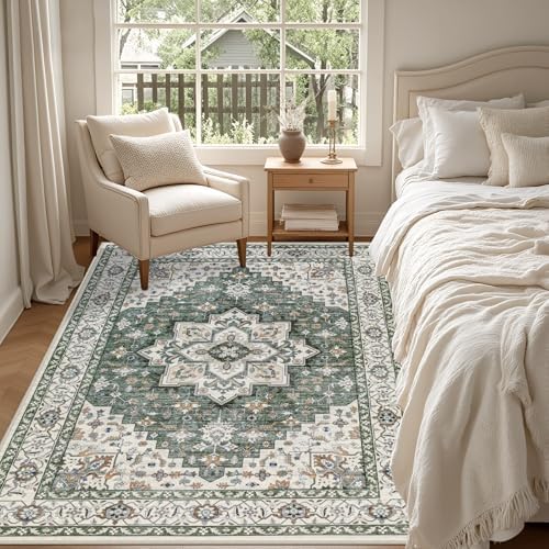 3x5 Area Rugs Living Room: Washable Rug for Bedroom Green Ivory - Image 3