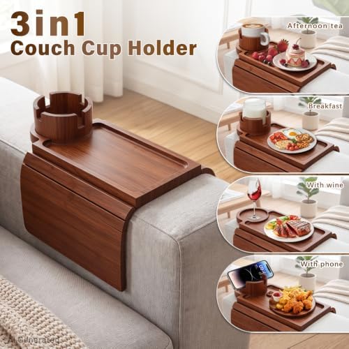 Bamboo Couch Arm Tray, 3 in1 Couch Armrest Table, Armrest Tray, Walnut - Image 3