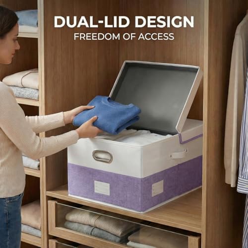 PRANDOM Storage Bins with Lids [3-Pack] Linen Fabric Foldable Storage Boxes Organizer Containers Baskets Cube with Cover for Bedroom Closet Office White&Purple (23.4X15.9X11.4) - Image 4