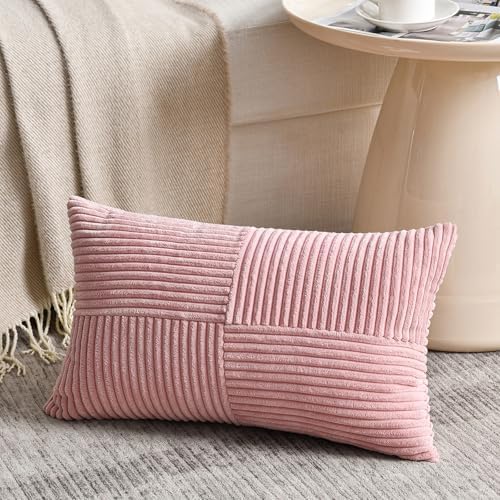 Fancy Homi 2 Packs Blush Pink Lumbar Decorative Throw Pillow Covers 16x32 Inch for Living Room Couch Bed, Rustic Farmhouse Boho Home Decor, Soft Striped Corduroy Rectangle Accent Cushion Case 40x80 cm - Image 2