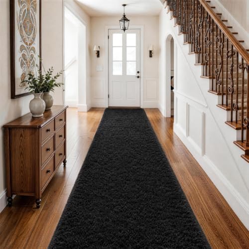 Ophanie Runner Rug for Hallway,2.5x12 Washable Non-Slip Fluffy Soft Bedside Rugs,Bedroom Living Room Shaggy Carpet for Kids Girls Boys Dorm Nursery Decor Aesthetic,Black with Over 99 pcs Pile fibers by Ophanie