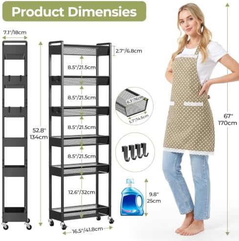 Delamu 6 Tier Slim Storage Rolling Cart, Utility Metal Narrow Cart 7.1" W - Image 2