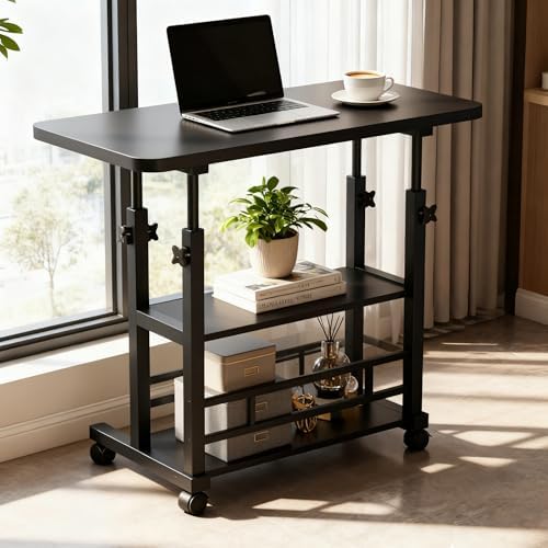 VebaCidi Medical Overbed Bedside Table with Two Shelves and Wheels (Hospital and Home Use), 31 1/2" Desk with Non Tilt Wooden Top, Adjustable Height (Black Desktop and Legs) - Image 4