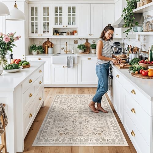 4x5 Washable Kitchen Entryway Rug – Non-Slip Soft Low Pile Indoor Carpet for Bathroom Living Room Bedroom – Boho Floral Small Throw Area Rug (Beige,4x5) - Image 3
