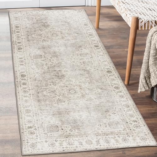 ReaLife Rugs Machine Washable Area Rug Runner - Living Room Bedroom Bathroom Kitchen Entryway Office - Padded Low Pile Stain Resistant Premium - Boho Farmhouse Vintage - Joy - Beige Ivory 2'6" x 6' by ReaLifeRugs