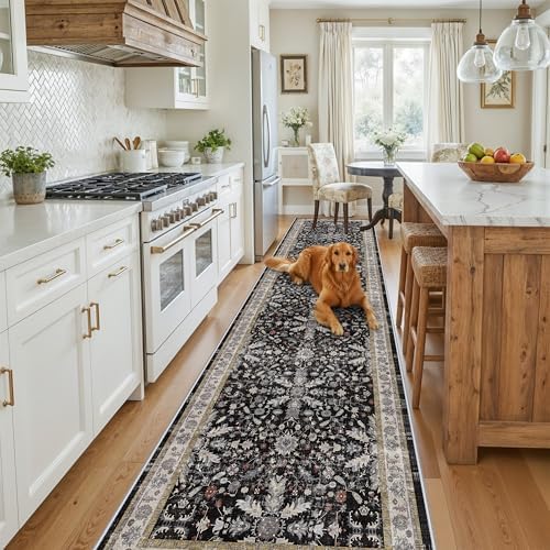 3x12 ft Long Hallway Runner Rug - Non-Slip Washable Soft Kitchen Rug with Rubber Backing,Boho Floral Low Pile Floor Carpet Runner for Entryway,Bedroom,Living Room（Black,3x12） - Image 3