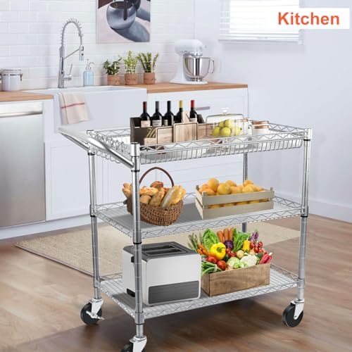 BolDuck Heavy Duty Utility Cart, 990Lbs Capacity 3 Tier Rolling Carts with Wheels, Kitchen Cart on Wheels with Storage, Commercial Grade Metal Serving Carts with Wire Shelving &Handle Bar, Silver - Image 2