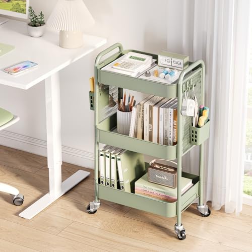 TOOLF 3 Tier Rolling Cart, Metal Utility Storage Cart with Pegboard, Green | 2 Bins & 4 Hooks, Screwless Assembly, Lockable Wheels, Trolley Organizer for Bathroom, Kitchen, Office, Dorm, Craft Room - Image 2