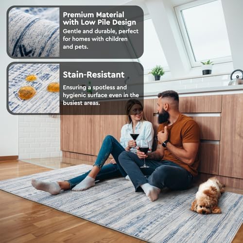 3x5 Area Rug Machine Washable Non Slip Rug Distressed Neutral Moroccan Boho Rug Ultra Soft Indoor Rugs for Bedroom Living Room Entryway Kitchen Foyer Bedside, Blue - Image 4