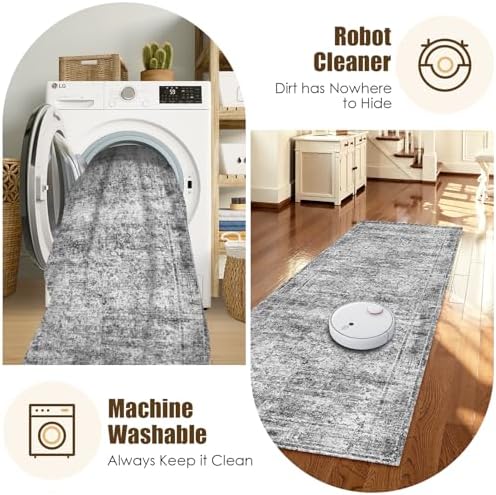 Washable Area Rug 2'6'' x 8' Vintage Traditional Persian Mat - Foldable Distressed Non-Slip Machine Washable Carpet for Living Room Bedroom Kitchen Home Decor - Graphite and Mist - Image 7