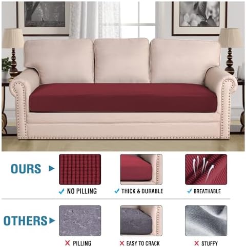 H.VERSAILTEX Super Stretch Individual Seat Cushion Covers Sofa Covers Couch Cushion Covers Slipcover Sets Thick Jacquard Textured Twill Fabric (1 Piece Sofa Cushion Cover, Burgundy Red) - Image 2