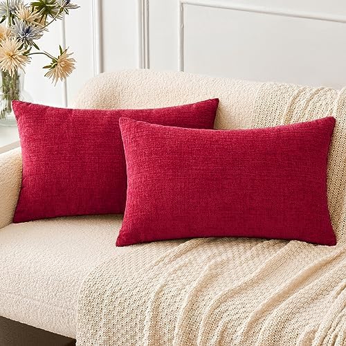 MIULEE Soft Chenille Lumbar Throw Pillow Covers Red 12x20 Inch Pack of 2 by MIULEE