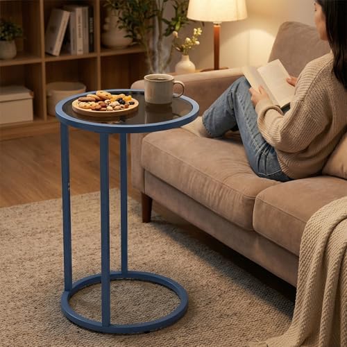 Easy Paws C Table Side End Table, Small Round Couch Sofa Tray Snack Table for Living Room, Bedroom,Accent Coffee Table,TV Tray Table for Small Space, Nightstand with Metal Frame(Blue) - Image 4