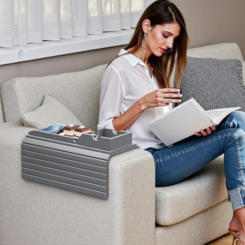 Bestjing Bamboo Couch Armrest Table with Cup Holder Tray (Gray) - Image 6