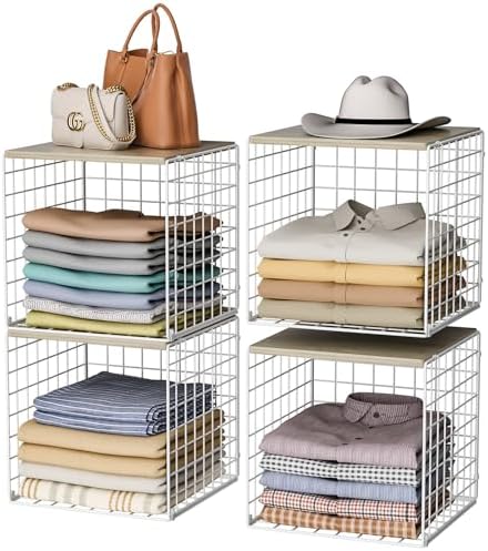 Hencawima 4 Pack Closet Organizers and Storage with Wood Top, Stackable Closet Shelf Organizer, Double Storage Design, Clothes Storage Basket/Cube Organizer for Wardrobe, Sturdy, White by Hencawima