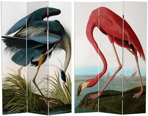 Red Lantern 6 ft. Tall Double Sided Audubon Heron & Flamingo Canvas Room Divider 3 Panel Freestanding Folding Privacy Screen, Partition, and Separator for Modern and Contemporary Bedroom, Home Office by RedLantern
