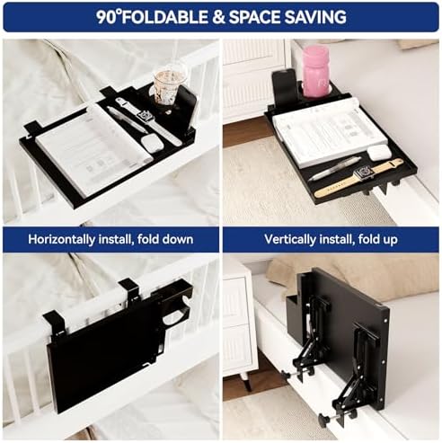 Metal Bedside Shelf Table Tray with Cup Holder, Foldable Bed Side Table for Bunk Bed & Top Bunk, College Dorm Room Essentials for Guys & Girls, Clip-on Laptop Nightstand for IKEA Beds, Black - Image 3