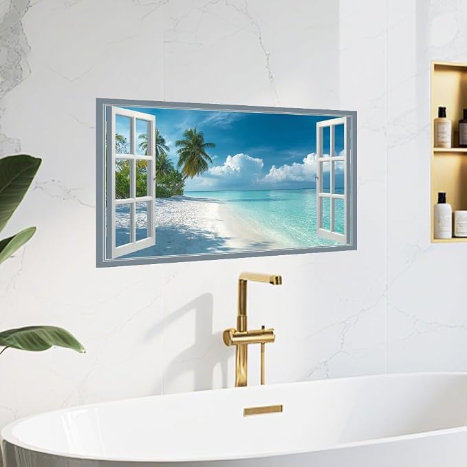 Tropical Beach Kitchen Backsplash Peel and Stick, 30x16 in | Fake window view of white sand beach and turquoise ocean; waterproof peel and stick; wipe clean; 30.31 x 16.14 in - Image 8