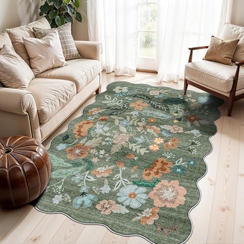 4x6 Living Room Area Rugs: Washable Farmhouse Nursery Kitchen Floral Rugs Non-Slip Small Cute Bedroom Carpet Non-Shedding Floor Mat for Kids Room University dormitory Decorative Rugs(4x6,Floral/Green) by HYHAOYUNLAI