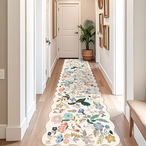 Washable 3x12 Hallway Runner Rug: Soft Floral Scalloped Runners for Entryway Kitchen Nursery Non Slip Bathroom Laundry Floor Mat Water Resistant Light Weight Carpet for Living Room Bedroom(3x12,Cream) - Image 2