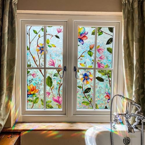 DKTIE Watercolor Garden Floral Stained Glass Window Film 17.7in X 78.7in - Image 2
