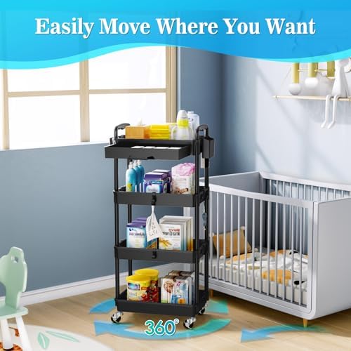 SUNALLY 4 Tier Rolling Cart with Drawer, Craft Storage Cart Organizer,Black - Image 4