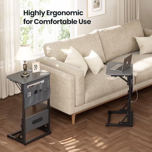 HLDIRECT C Shaped End Table with Charging Station & Storage Bag Gray - Image 6