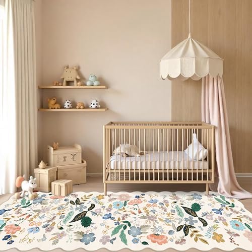 Hallway 4x10 Washable Area Rugs: Indoor Floral Scalloped Rug for Kitchen Entryway Farmhouse Nursery Bathroom Soft Carpet with Non Slip Backing Water Resistant Thin Laudry Floor Mat (4x10,Cream) - Image 3