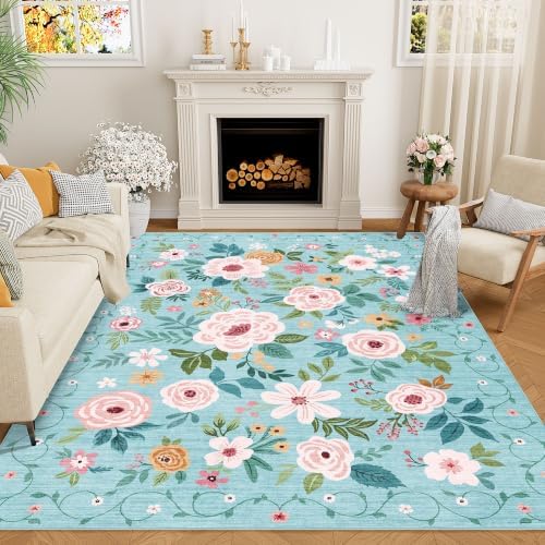 DUKINO 6x9 Area Rugs, Floral Washable Rug for Bedroom Non Slip, Teal by DUKINO