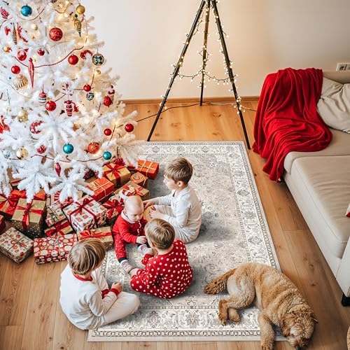 3x5 Living Room Area Rugs: Vintage Washable Non-Slip Rug for Bedroom Dining Room Soft Carpet for Nursery Kitchen Home Office Durable & Easy-Clean Design Perfect for Homes with Cats & Dogs(3x5 Beige) - Image 2