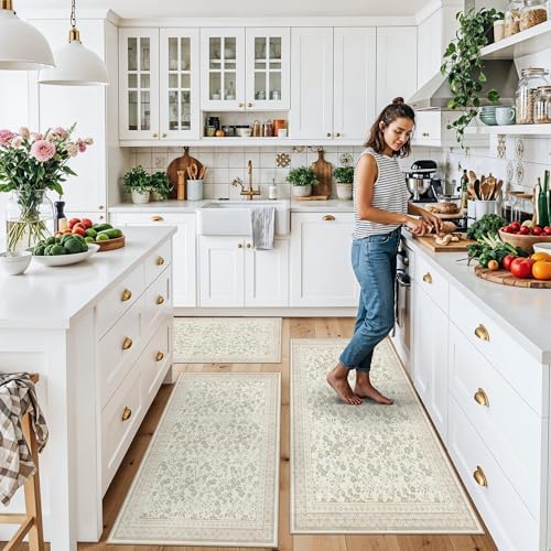 Kitchen Rug Sets 3 Piece, Washable Non-Slip Farmhouse Kitchen Mats for Hardwood Floor, Rustic Floral Boho Runner Rug for Sink,Entryway & Hallway & Bathroom (Beige/Floral,2x3-2x4-2x5) - Image 3