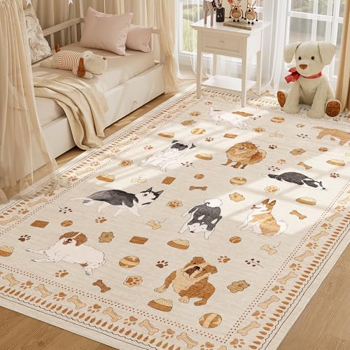 DUKINO 5x7 Area Rugs, Washable Dog Rug for Kids Room Non Slip, Beige Yellow - Image 5