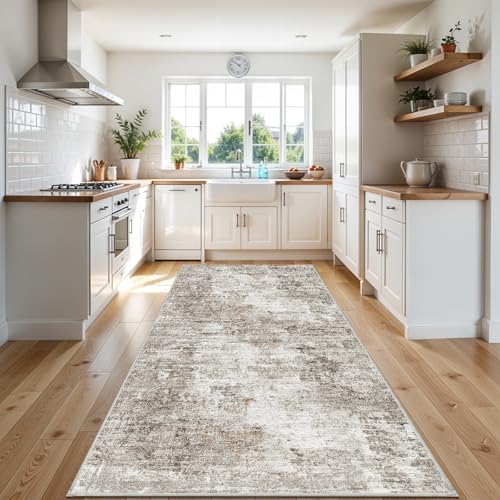 4x10 ft Extra Wide Hallway Rug – Non-Slip Washable Rubber-Backed Large Carpet Runner for Kitchen, Entryway | Modern Abstract, Low-Pile Thin Floor Mat for Bedroom Living Room Dining Room (Beige,Grey) - Image 3
