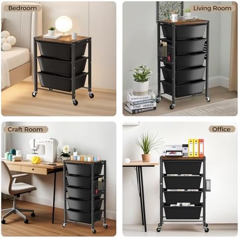 Rolling Cart with 4 Drawers, Plastic Drawer Storage Carts with Wheels & Wooden Tabletop, Metal Utility Cart with Pegboards, Office Living Room Classroom Craft Organization and Storage, Dark Black - Image 6