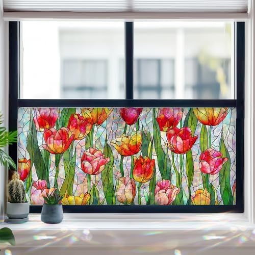 HOMETITUTE Tulip Flower Stained Glass Window Cling 39.3x17.7 Inch PVC - Image 7