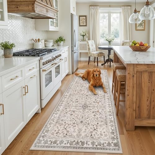 3x8 Hallway Runner Rug Washable Non-Slip – Boho Floral Soft Wide Carpet Runner for Kitchen Entryway Bathroom Bedroom – Low-Pile Thin Floor Mat with Rubber Backing (Beige,3x8) - Image 3