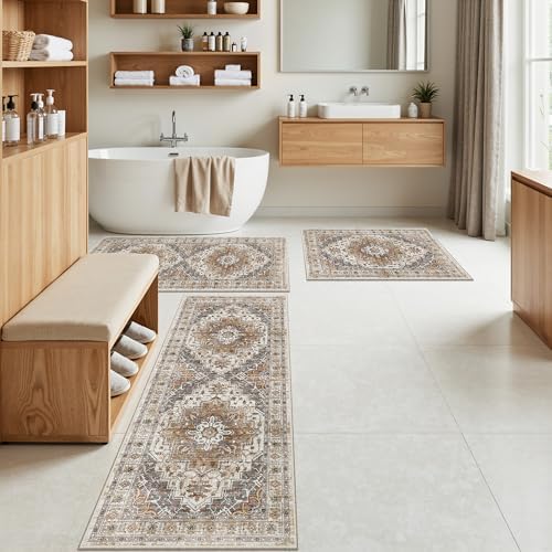 Madane Washable Kitchen Rug Set of 3 Small Area Rugs Non-Slip Turmeric/Grey - Image 3