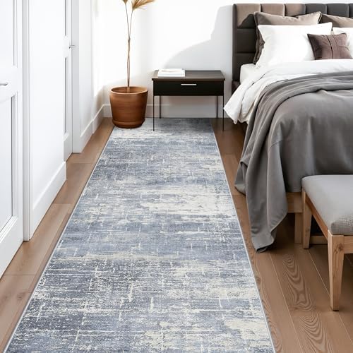 Washable Abstract 14ft Runner Rug: Non-Slip Low-Pile Rug Runner Soft Beside Carpet Indoor Farmhouse Entryway Floor Mat Bathroom Living Room Stain Resistant Area Rugs Cozy Home Decor(2'6x14,Blue/ivory) - Image 2