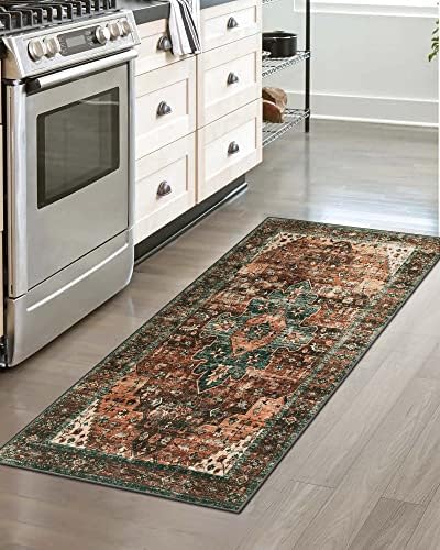 Moynesa Ultra-Thin Washable Runner Rug - 2x4 Laundry Room Rug Runners for Kitchen Non-Slip, Vintage Stain Resistance Non Shedding Bedroom Carpet Runner for Bathroom Hallway, Brick Red - Image 6