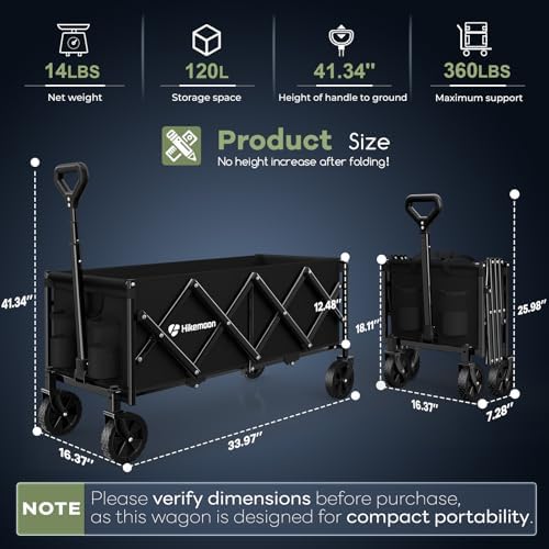 HIKEMOON 34'' Extra Long Folding Portable Wagon Cart, 120L 360LBS Black - Image 4