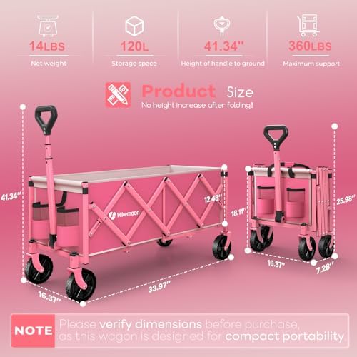 HIKEMOON 34'' Extra Long Folding Portable Wagon Cart, 120L 360LBS Pink - Image 2