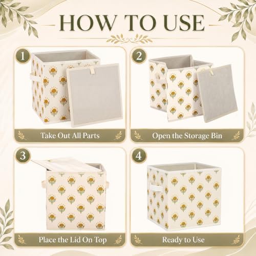 Bokon 6 Pcs 11'' Mustard Yellow Block Print Storage Bin Floral Storage Cube - Image 3