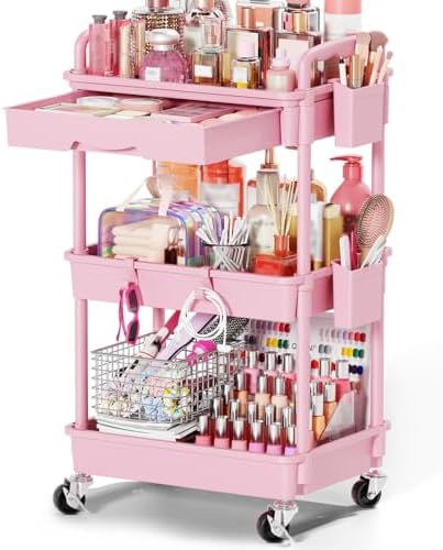 Goovilla Rolling Makeup Organizer Cart with Removable Drawer, 3 Tier Pink by Goovilla